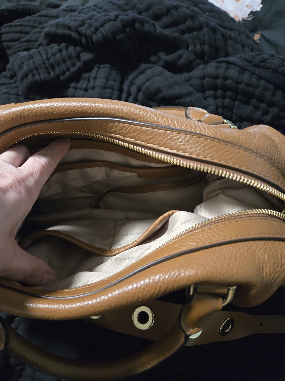 MICHAEL KORS Cognac Pebbled Leather Satchel with Grommet Strap